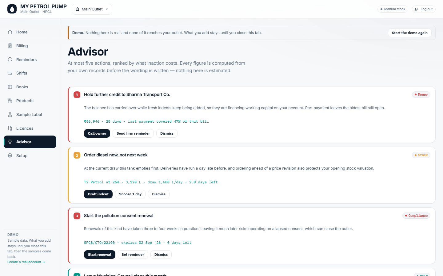 Current Advisor screen ranking actions with their supporting station figures.
