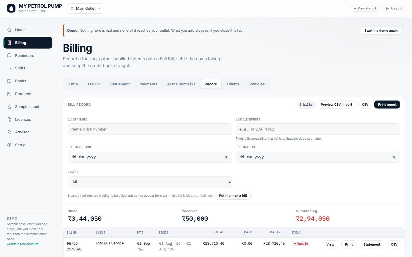Current Bill Record screen in the Petro AI live demo, with filters and billed, received and outstanding totals.