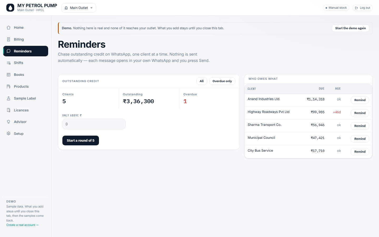 Current Reminders screen showing demo client balances and ageing in the Petro AI live demo.