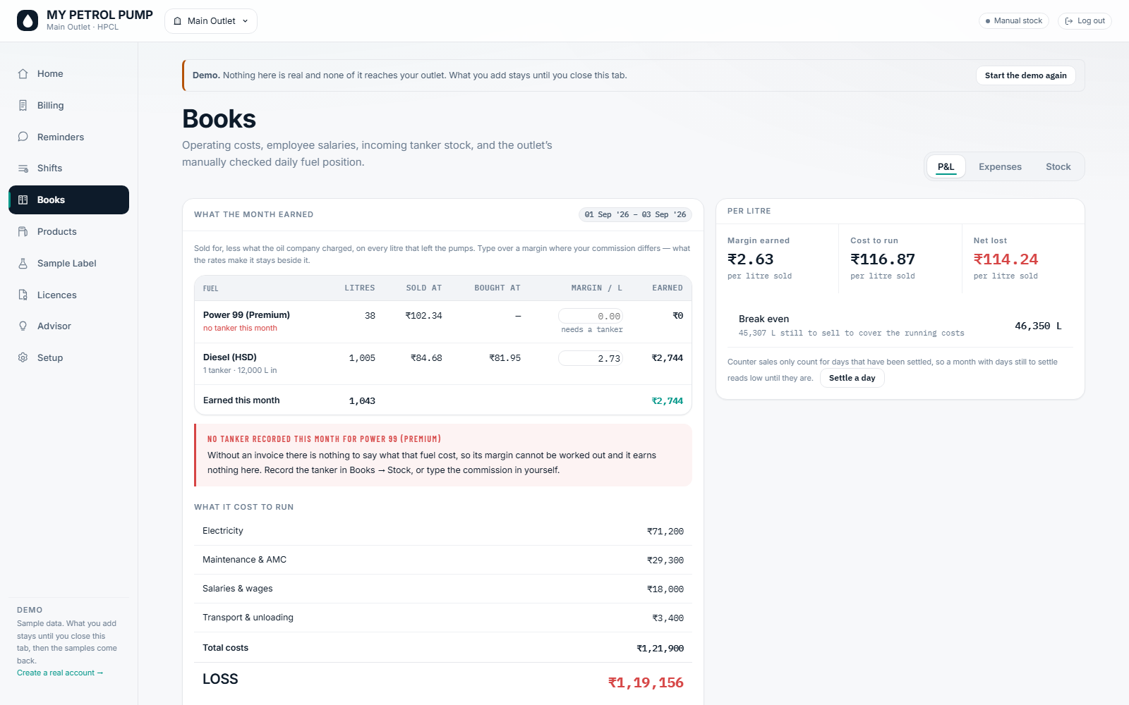 The books screen: stock movements and the daily difference between sold and dispensed.